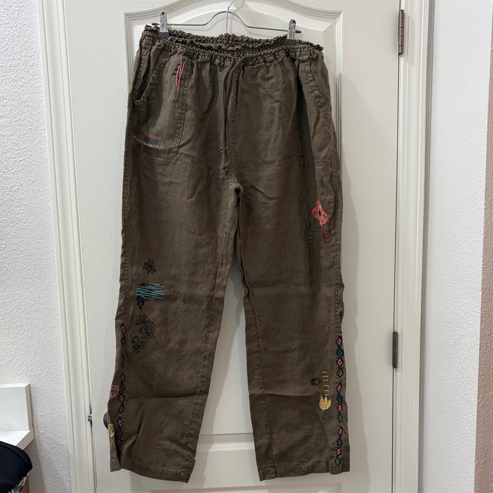 Johnny Was Olive Brown Wide-Leg Embroidered Drawstring Pants